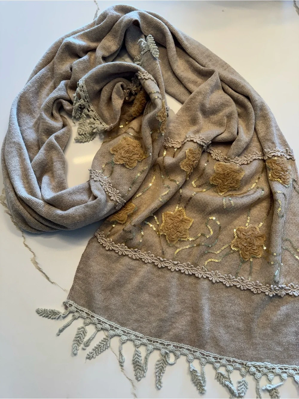 cabi Audrey Scarf Vintage Taupe Beige Sequin Gold Floral Knit Wrap Fringe